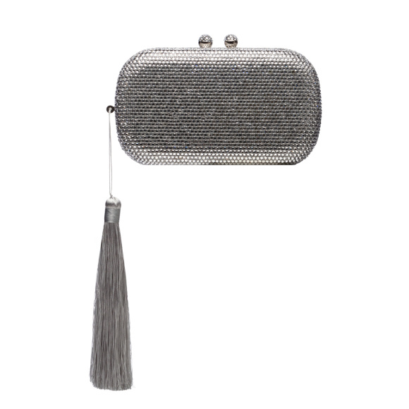 Shiny clutch with tassels