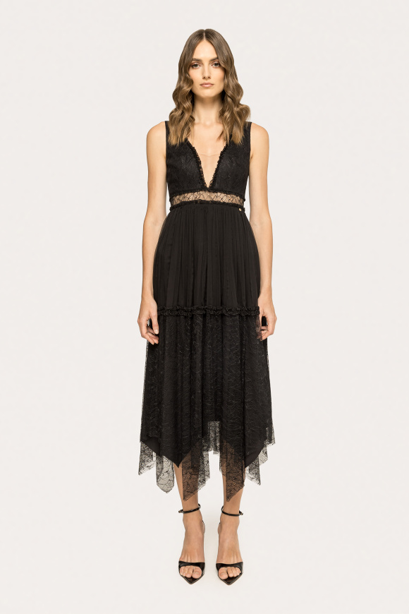 Lace-trimmed silk midi dress