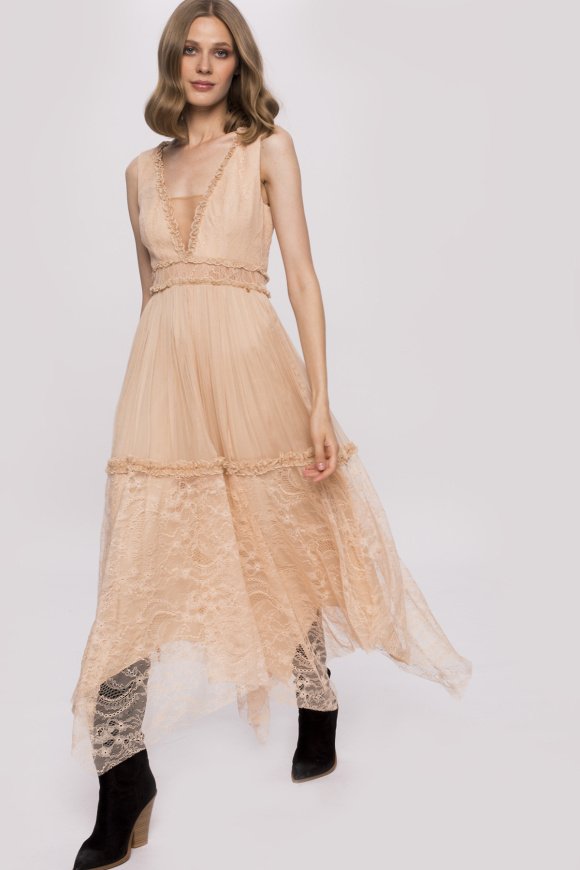 Silk asymmetrical dress with lace inserts