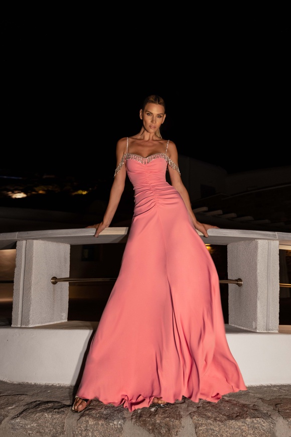 Crystal-embellished ruched gown