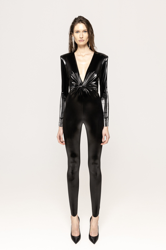 V-neck latex jumpsuit