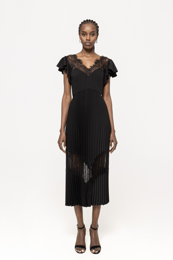 Lace insert pleated midi dress