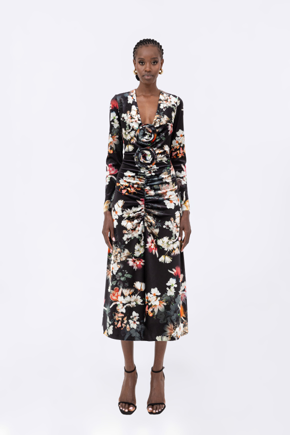 Floral-appliqué velvet midi dress