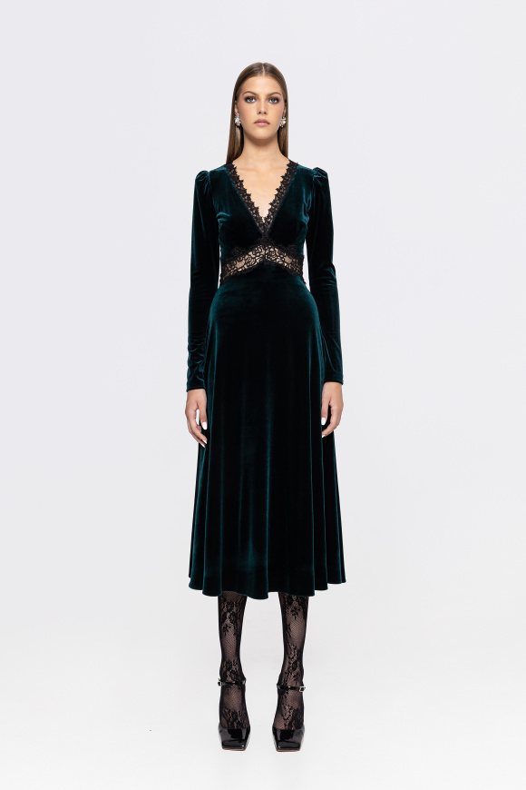 Lace-insert velvet midi dress