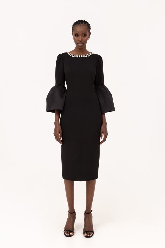 Puff sleeve crêpe midi dress