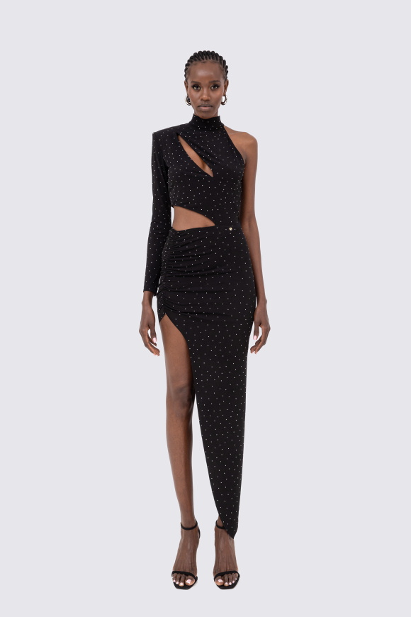Crystal-embellished asymmetric midi dress