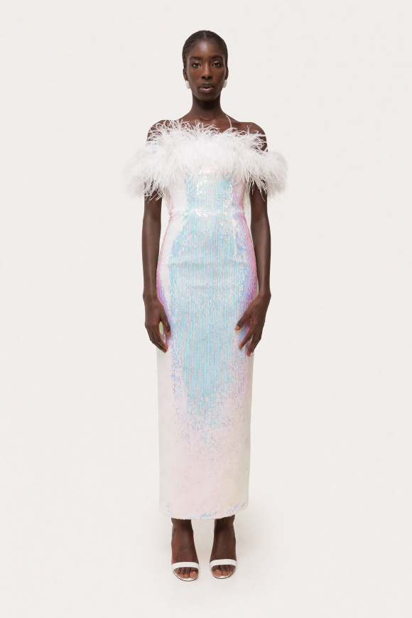 Feather-trimmed sequined midi dress