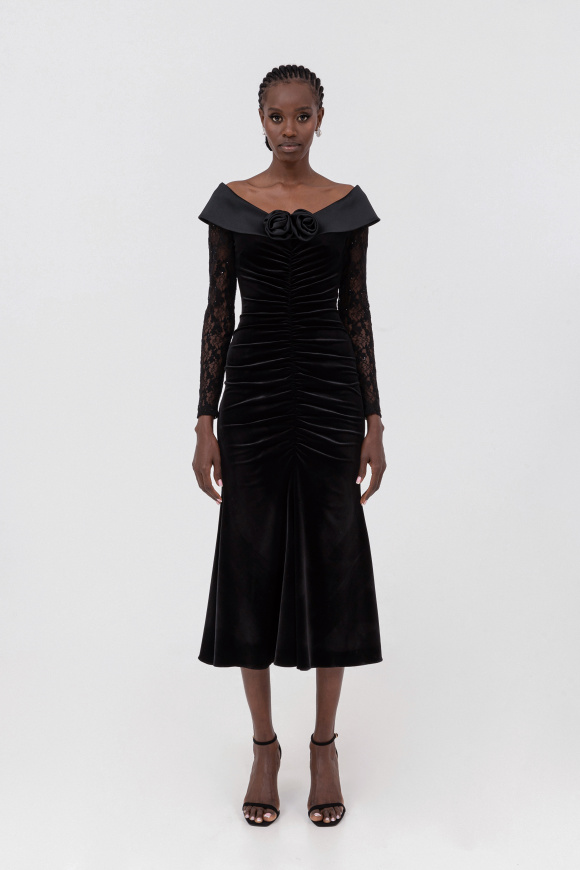 Floral-appliqué velvet midi dress