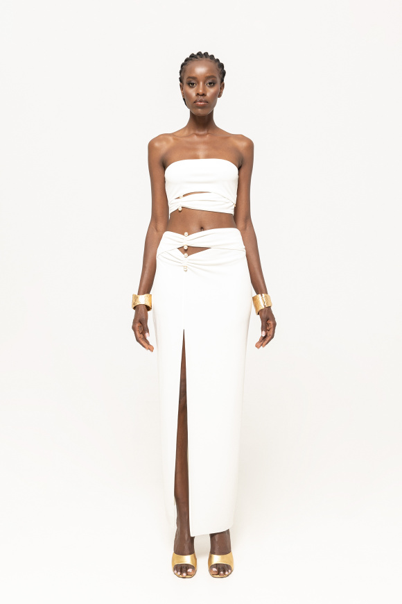 Pearl-embellished crop top and maxi skirt set