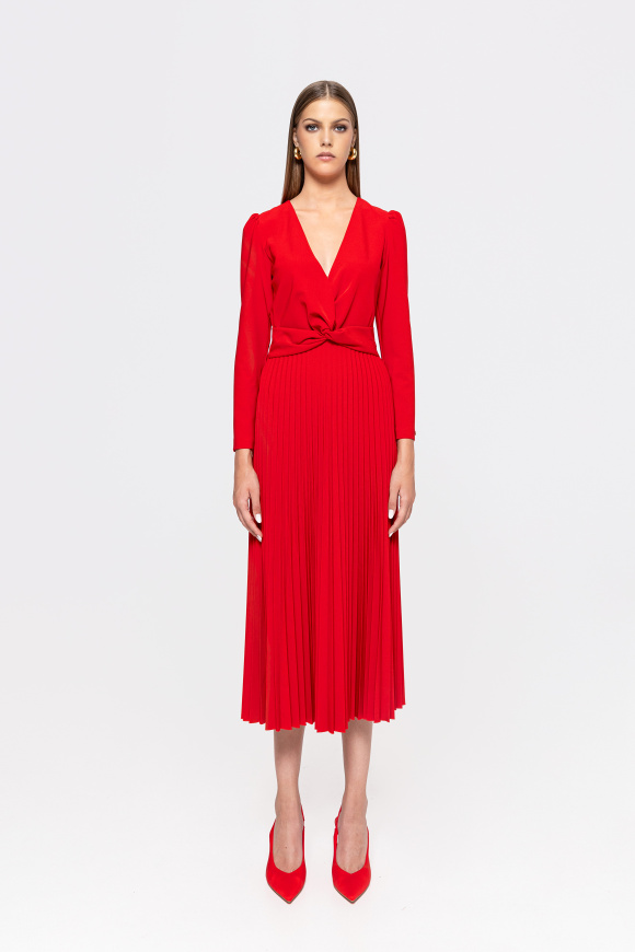 V-neck pleated midi dress