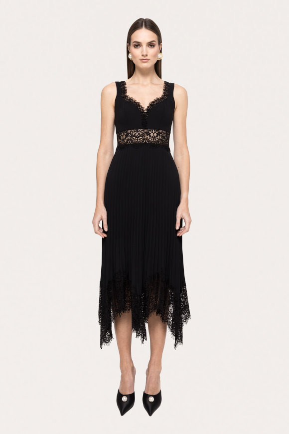 Lace-trim pleated midi dress