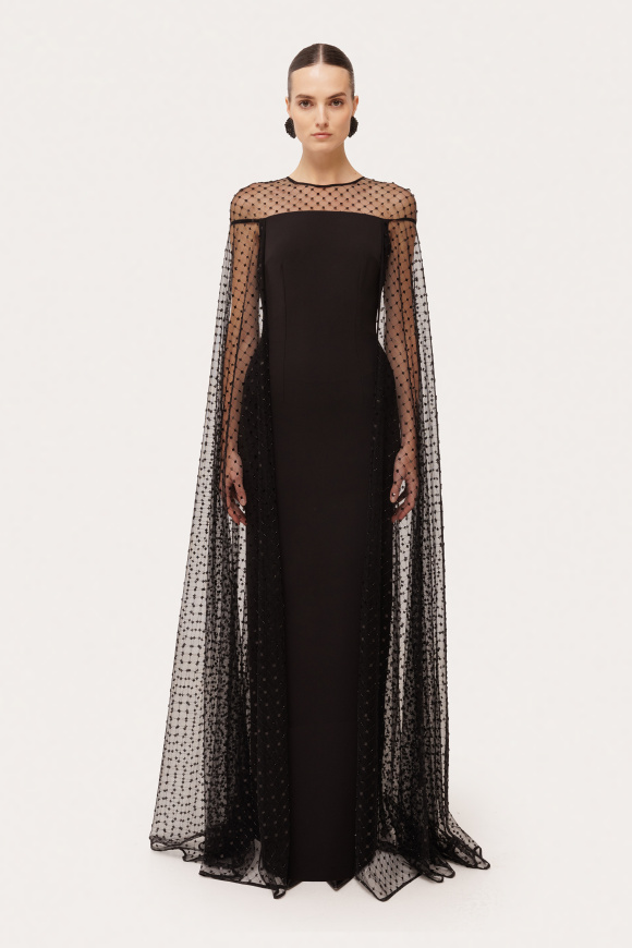 Sequin tulle cape maxi dress