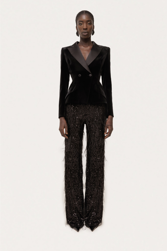 Feather detail sequin pants