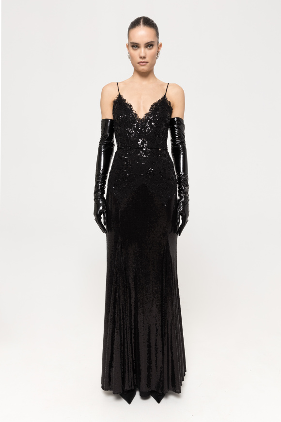 Lace-trimmed sequined maxi dress