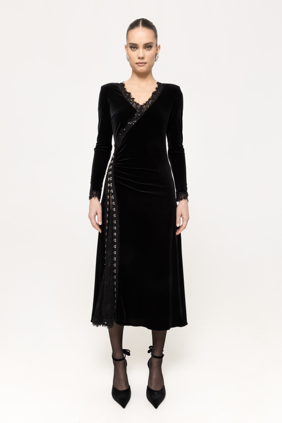 Lace-insert velvet midi dress