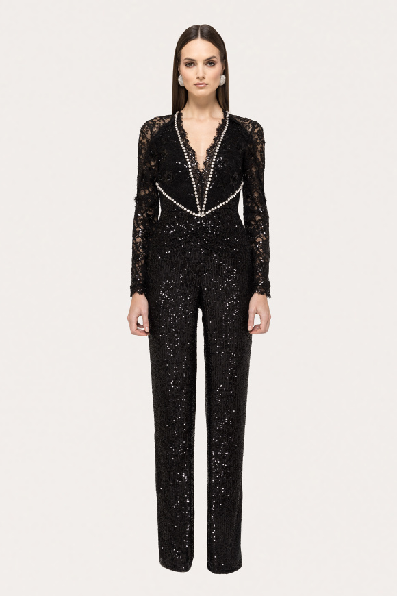 Lace-panel sequin jumpsuit