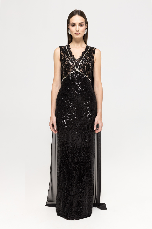 Lace-panel sequin maxi dress