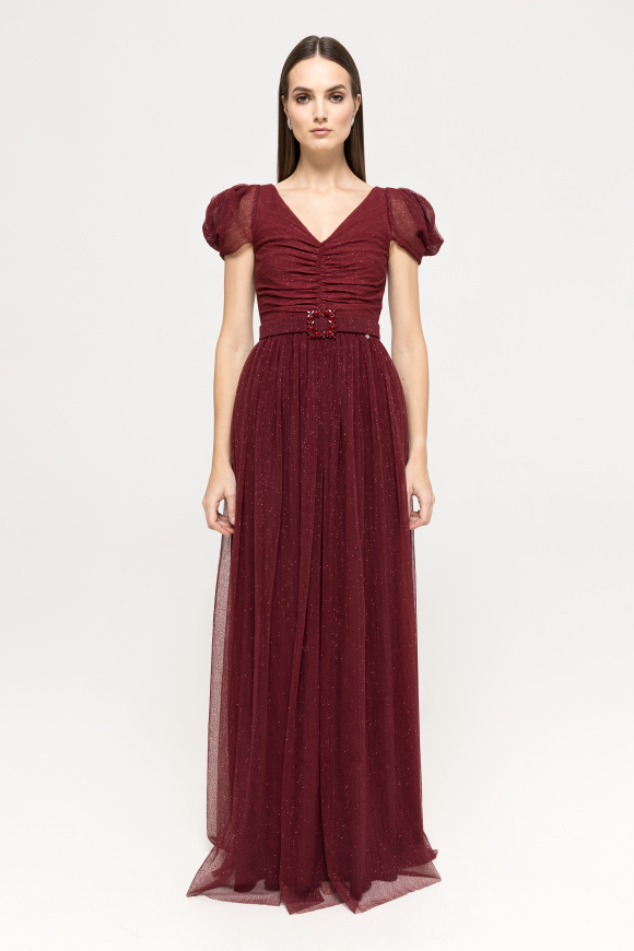 Pleated glittered tulle maxi dress