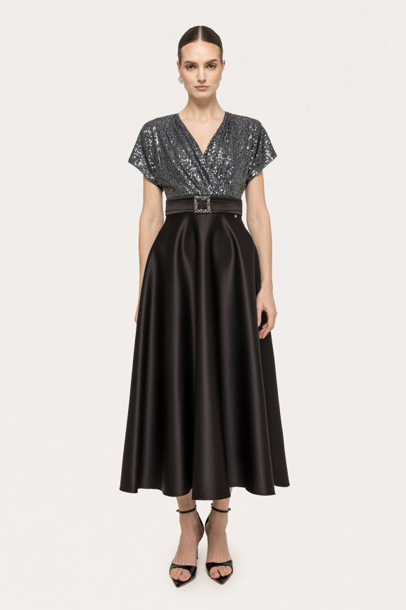 Sequin-panel taffeta midi dress