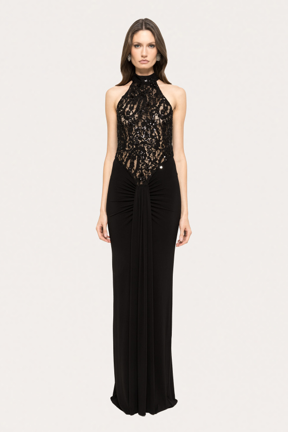 Sequin-detail lace maxi dress