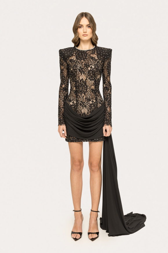 Rhinestone-embellished lace mini dress