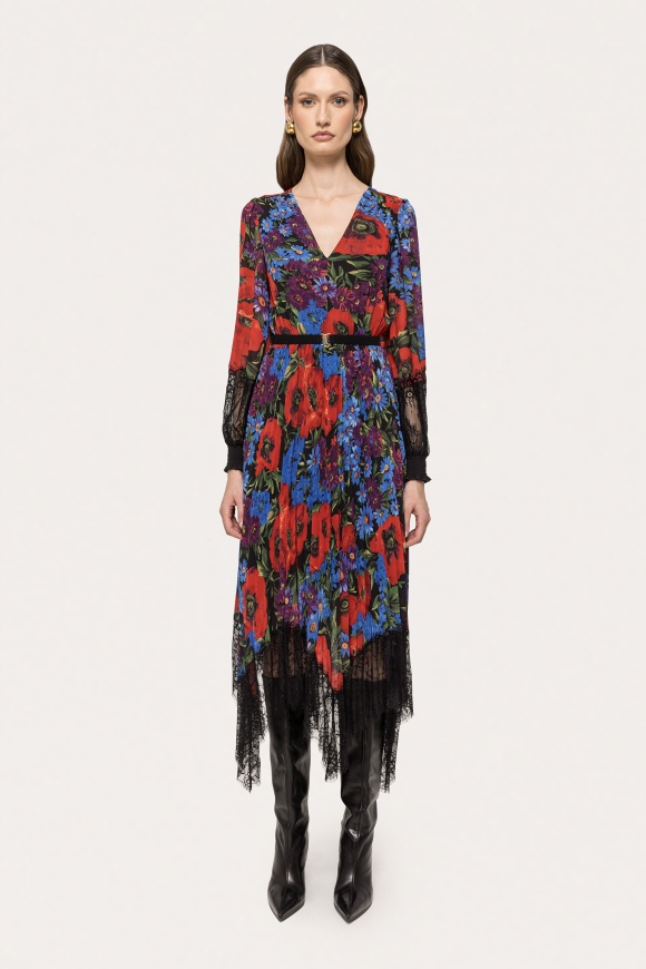 Lace-trimmed chiffon midi dress