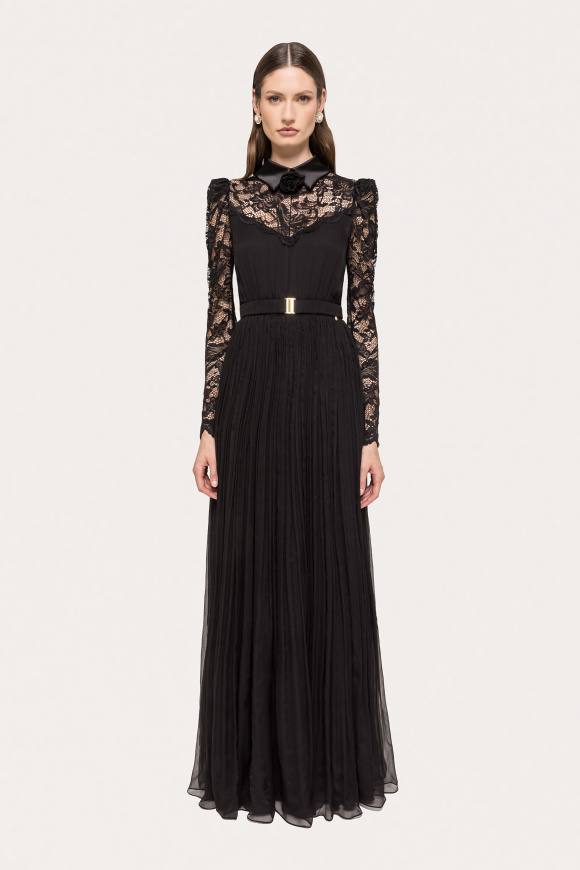 Lace-panel silk maxi dress