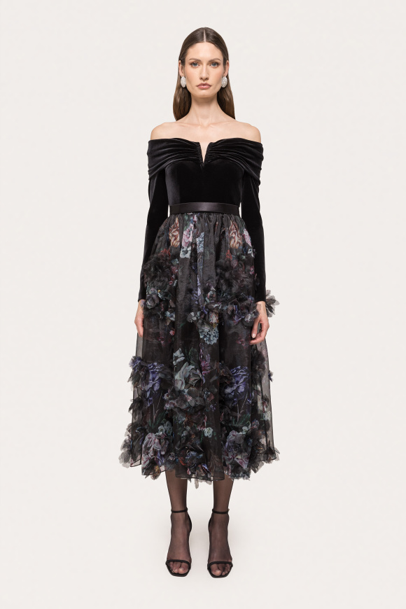 3D floral velvet midi dress