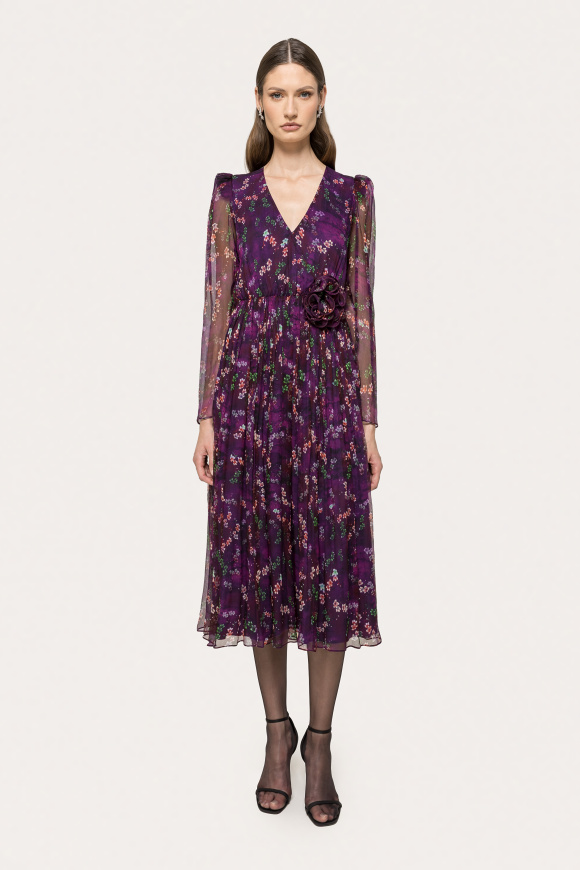 Floral-appliqué silk midi dress