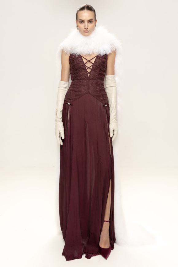 Lace-panel chiffon maxi dress