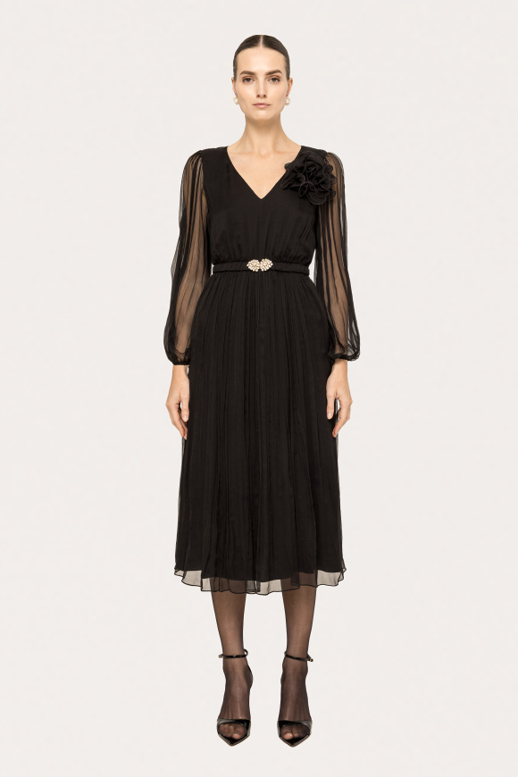 Floral-applique silk midi dress