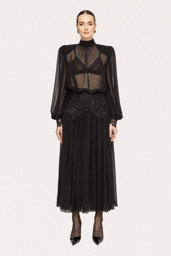 Lace-panel chiffon maxi dress