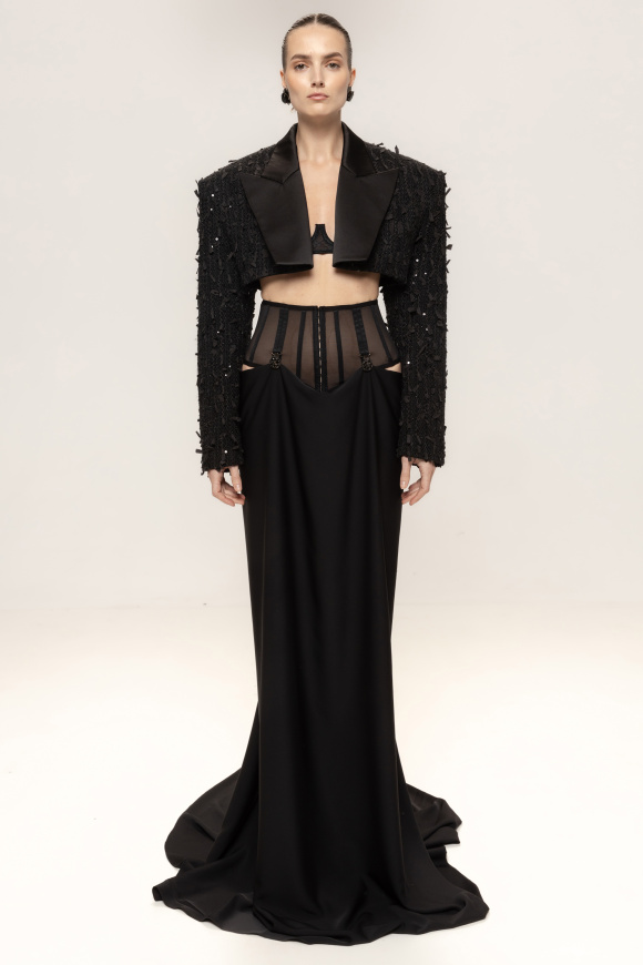 Cropped sequin-embellished bouclé blazer