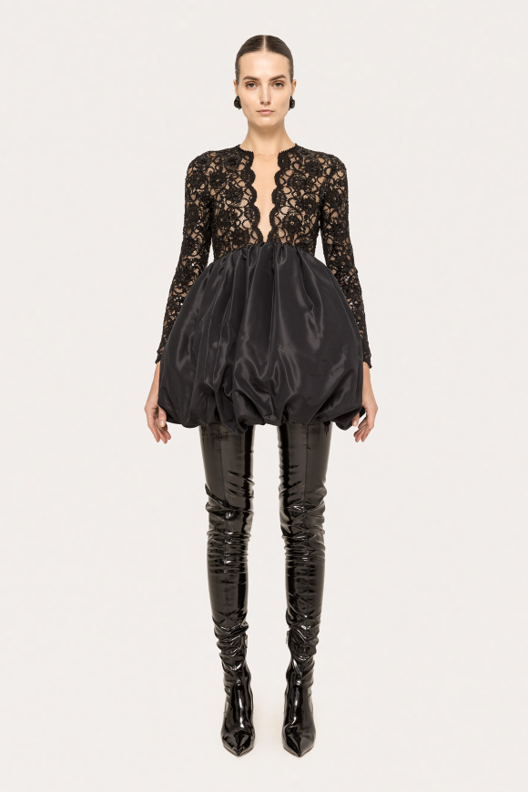 Lace-panel taffeta mini dress