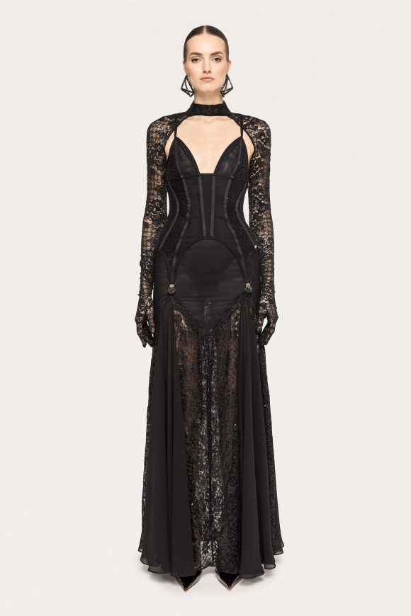 Sequin-detail lace gloves