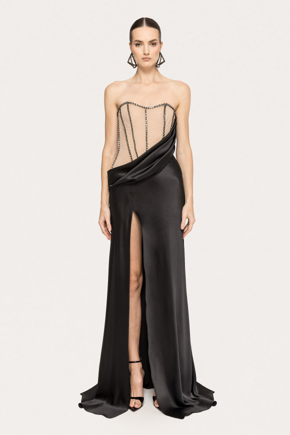 Crystal-embellished satin maxi dress