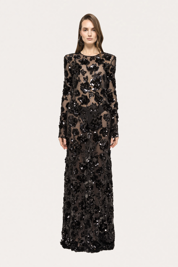 Appliquéd sequinned tulle maxi dress