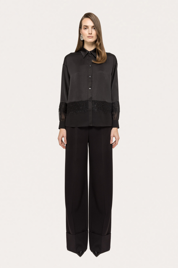 Lace-panelling satin shirt