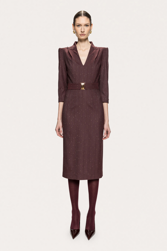 V-neck belted midi dress