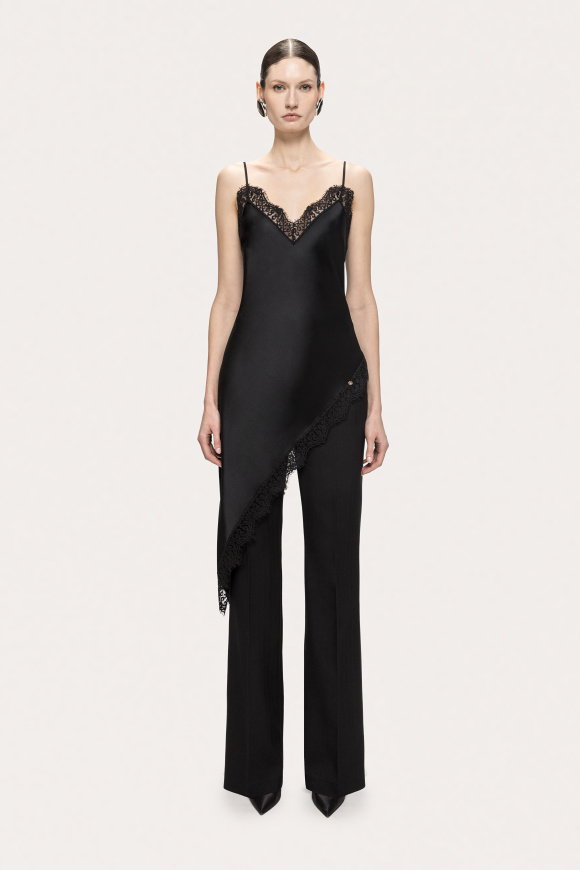 Asymmetric satin lace trim top