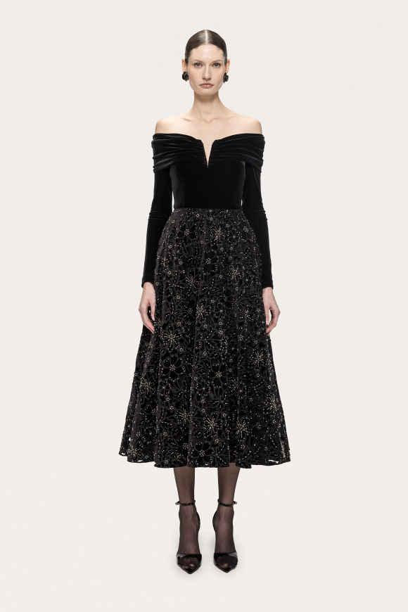 Embroidered velvet midi dress