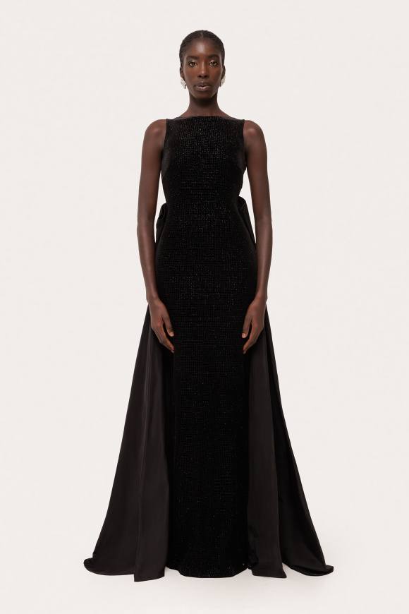 Glitter velvet taffeta train maxi dress