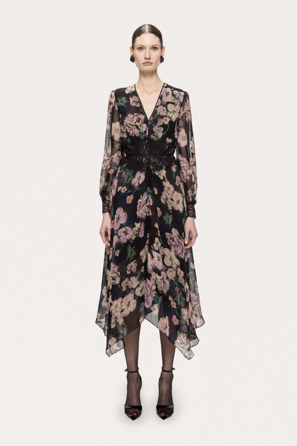 Lace insert chiffon midi dress