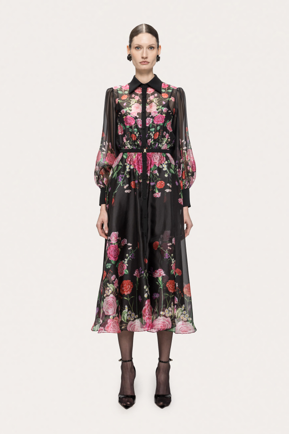 Floral print organza belted midi dress
