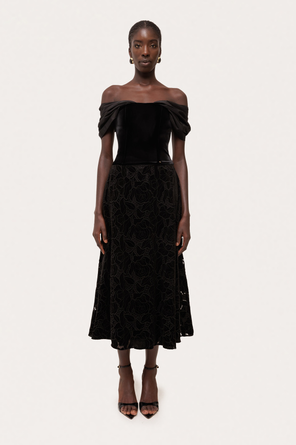 Floral embroidered velvet midi skirt