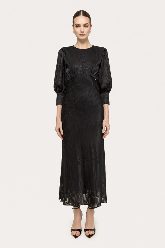 Puff-sleeve viscose midi dress