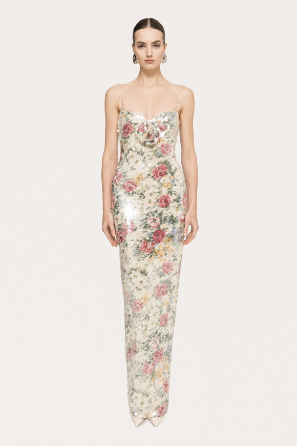 Floral appliqué sequin maxi dress