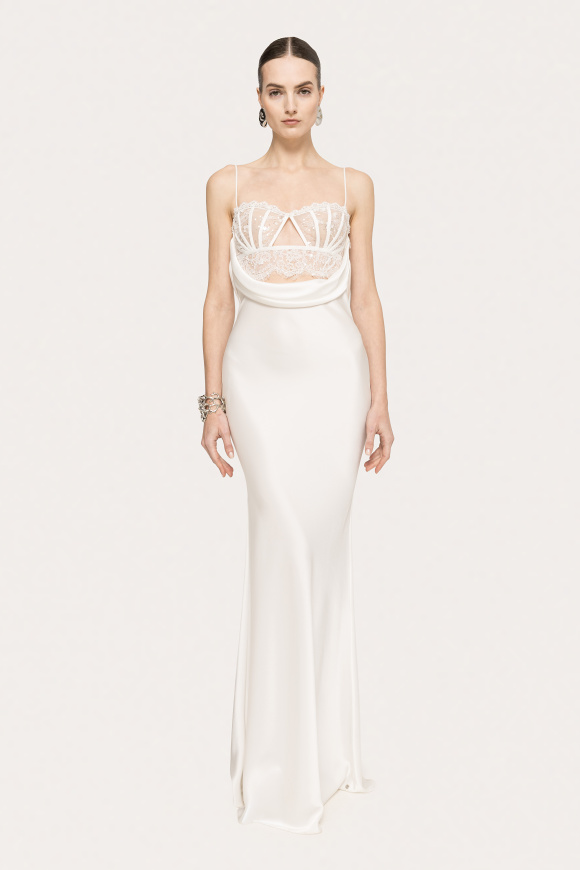 Lace-panel satin maxi dress