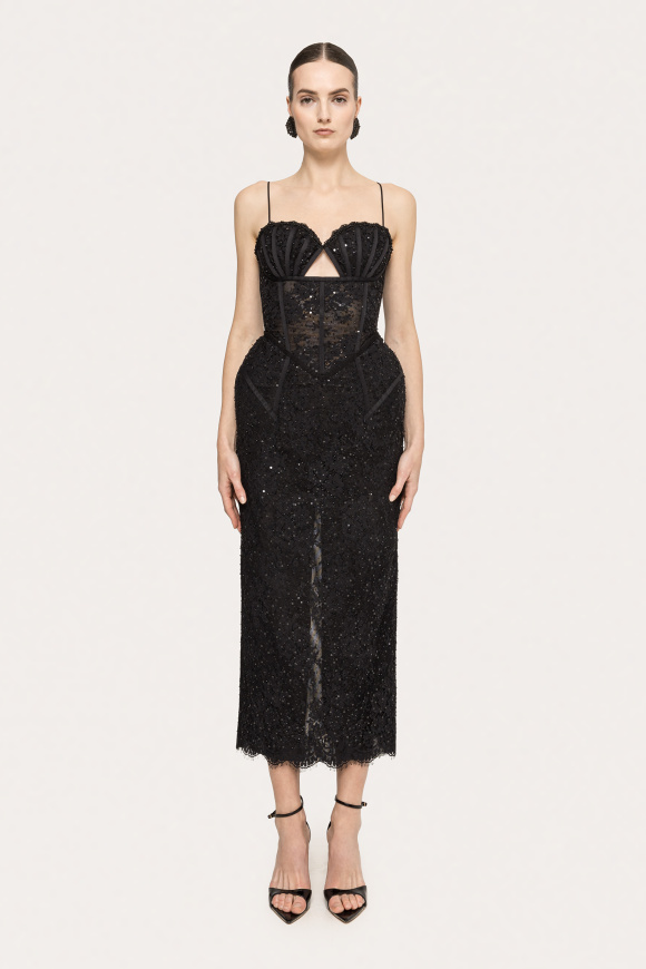 Exaggerated hip lace midi dress
