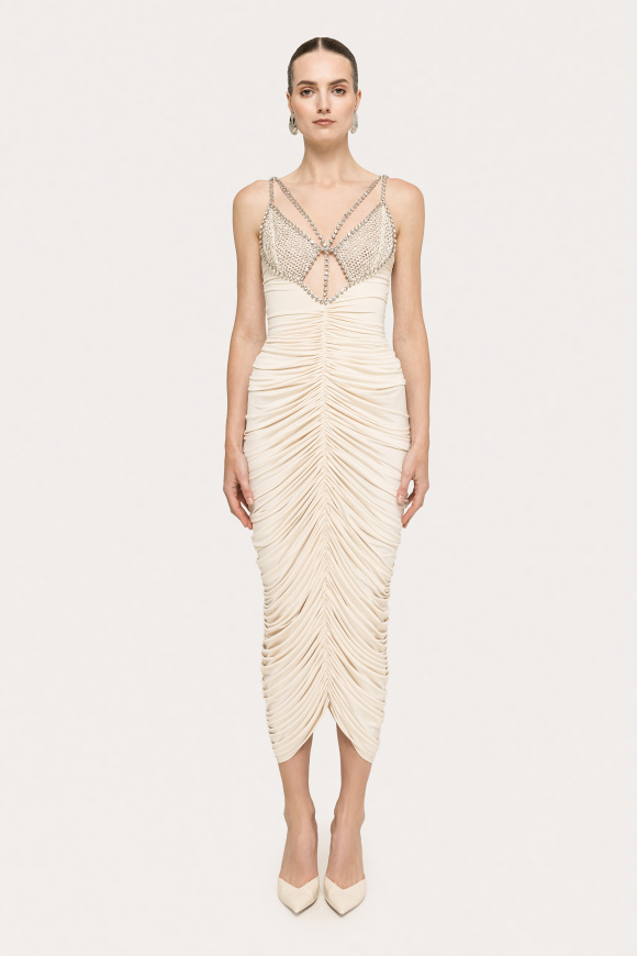 Crystal-embellished draped midi dress
